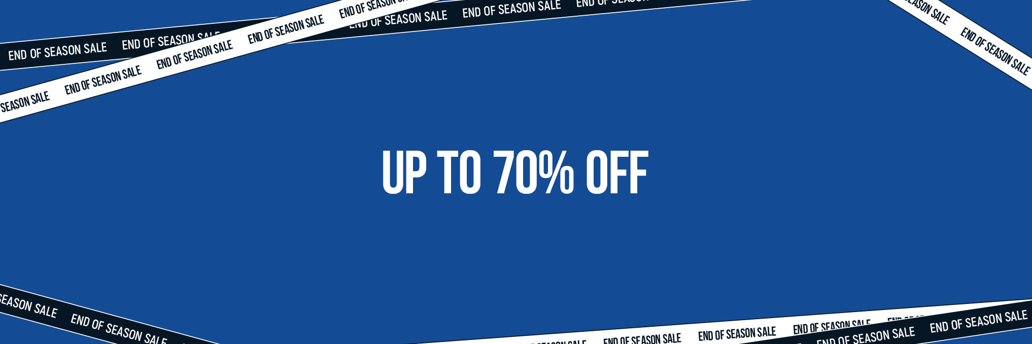 Blue end of season sale banner with diagonal tape framing and bold white UP TO 70% OFF text
