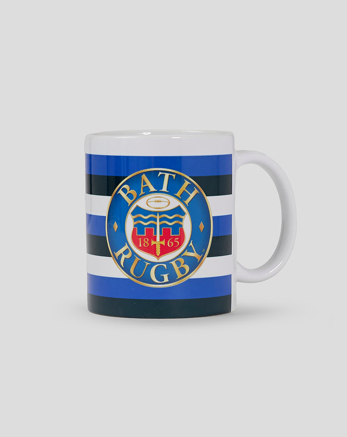 White Crest Mug with Bath Rugby emblem centered on blue white black horizontal stripes