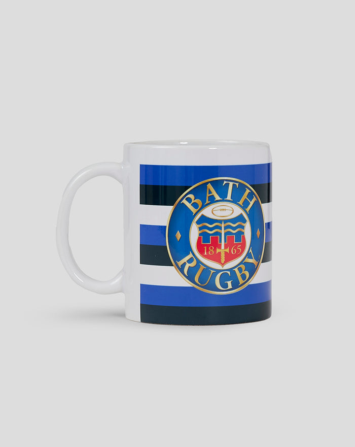 White Crest Mug featuring Bath Rugby crest on a striped blue white design viewed from the side