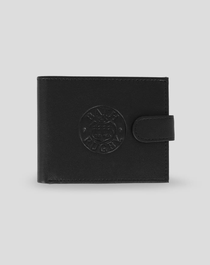 Black leather debossed bi-fold wallet with a circular embossed logo on the front.