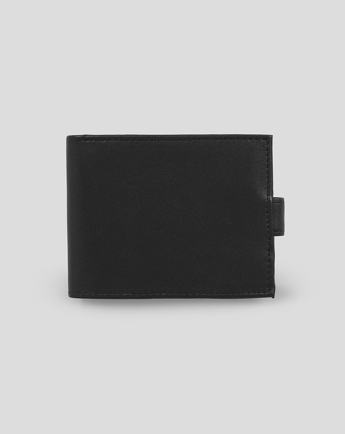 Back view of black leather debossed bi-fold wallet with strap tab
