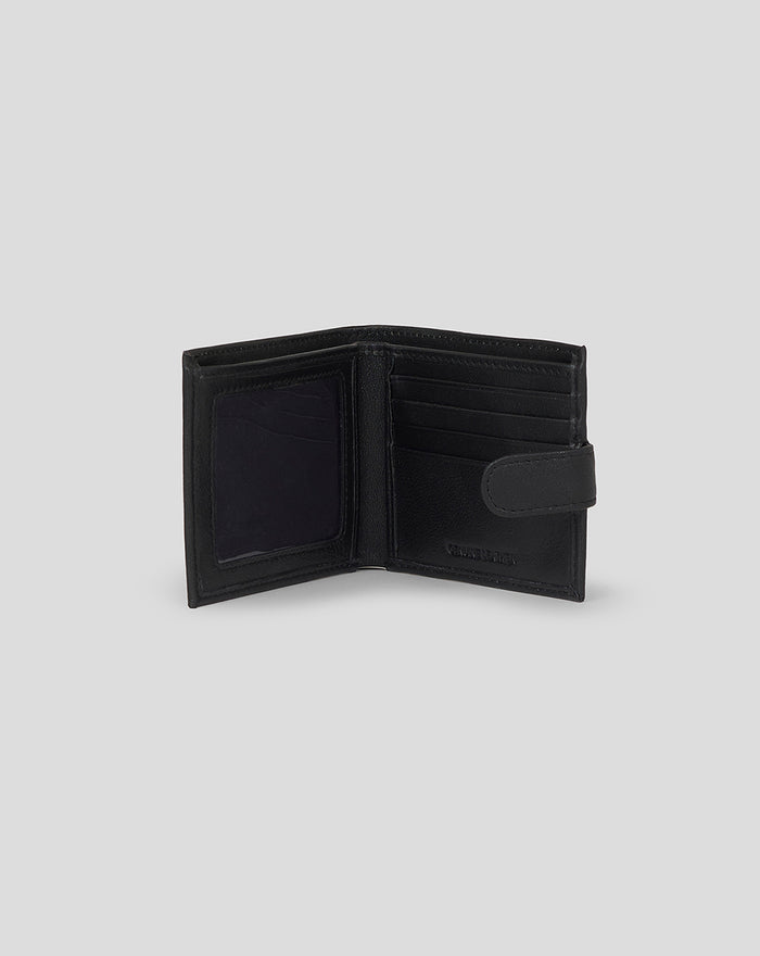 Open black leather debossed bi-fold wallet with card slots and a clear ID window