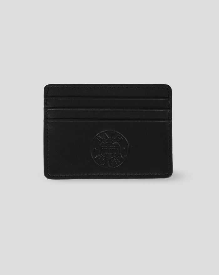 Close up of black leather debossed card wallet with multiple card slots