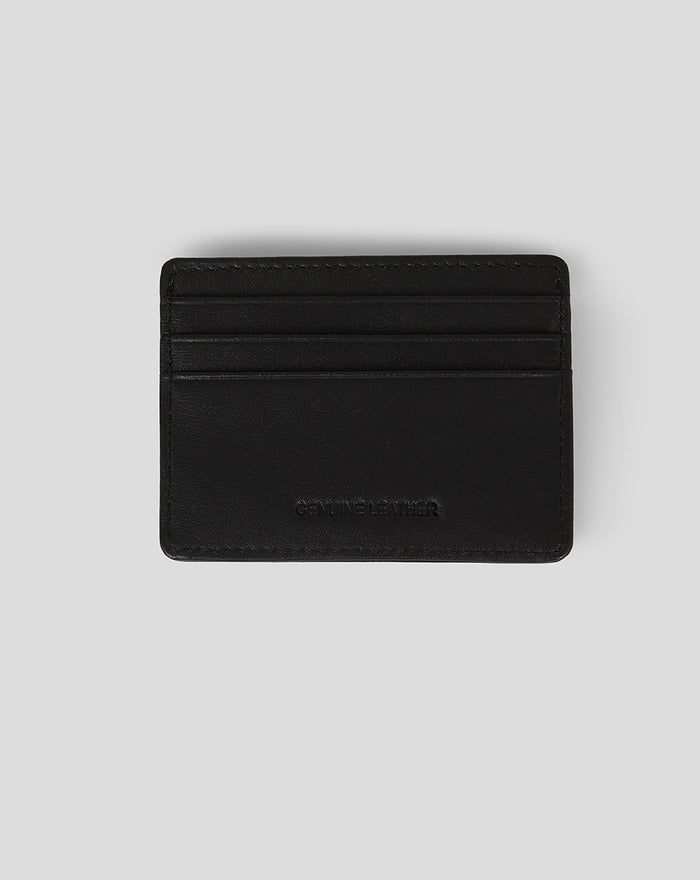 Black leather debossed card wallet with three card slots and stitched edges