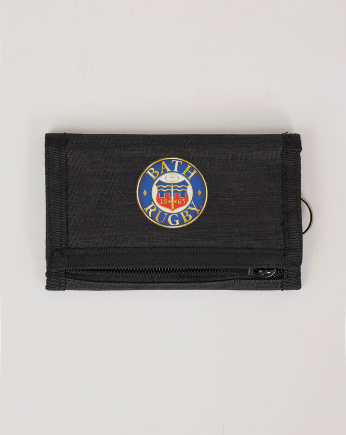 Black canvas In House Ripper wallet with Bath Rugby crest and metal key ring on the side and a zip pocket