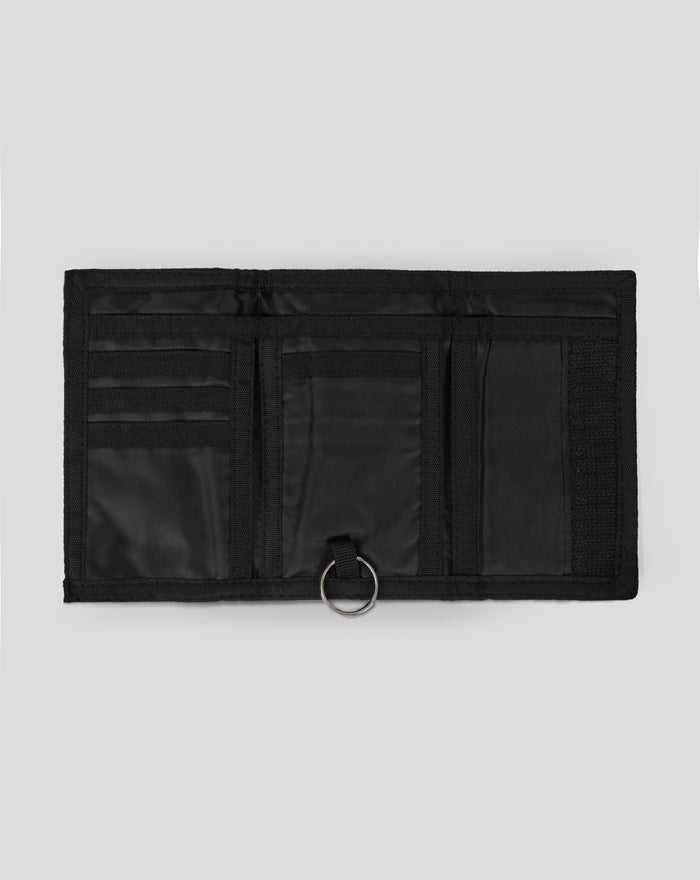 Bottom edge of black In House Ripper Wallet with multiple card slots and a metal key ring