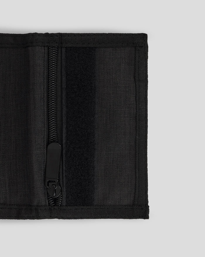Zippered pocket area of the black rugged wallet with heavy stitching and pull tab
