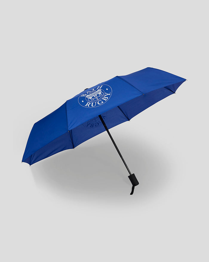 Blue telescopic umbrella with Bath Rugby crest on the canopy
