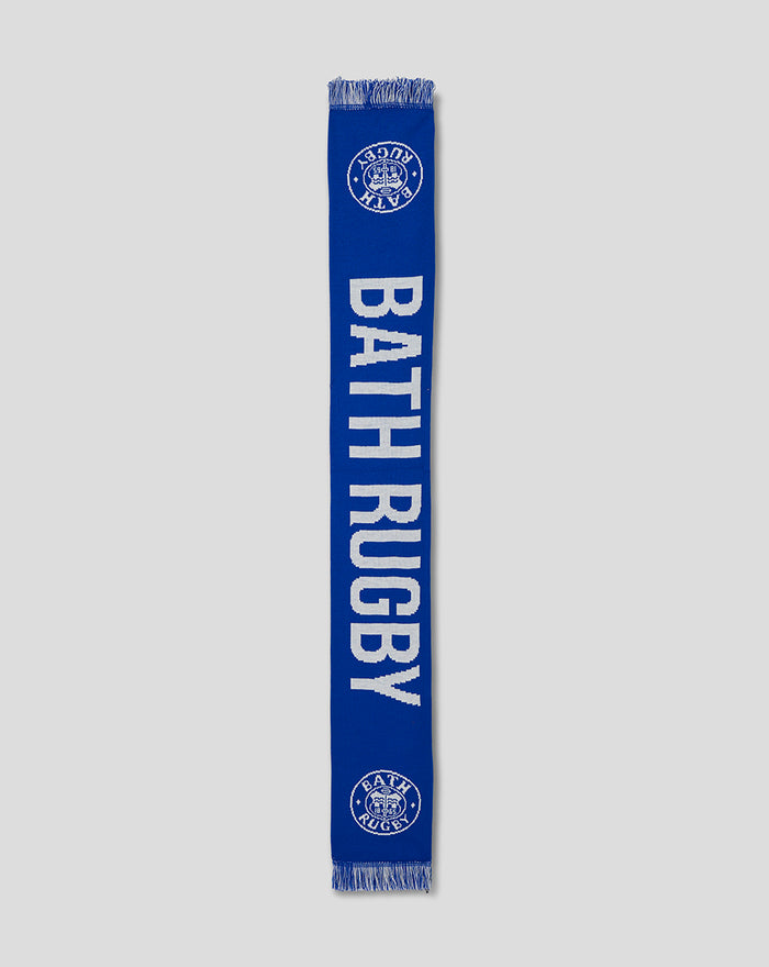 Long blue Bath Rugby scarf laid flat with white Bath Rugby lettering running down its length and fringe ends.