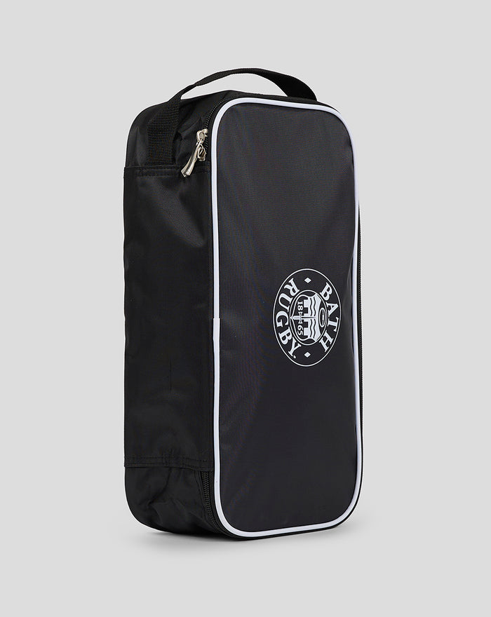 Side view of black Bath Rugby boot bag with a top carry handle and white piping along the edge.