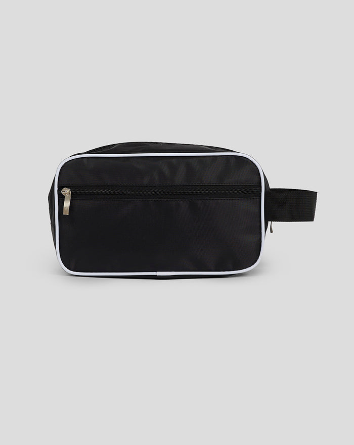 Back view of black Bath Rugby washbag showing white trim and attached strap.