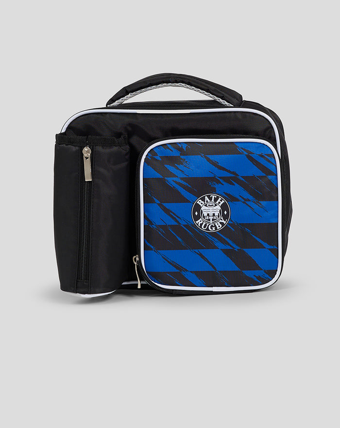 Black Bath Rugby lunch bag with a blue and black plaid front panel and white trim