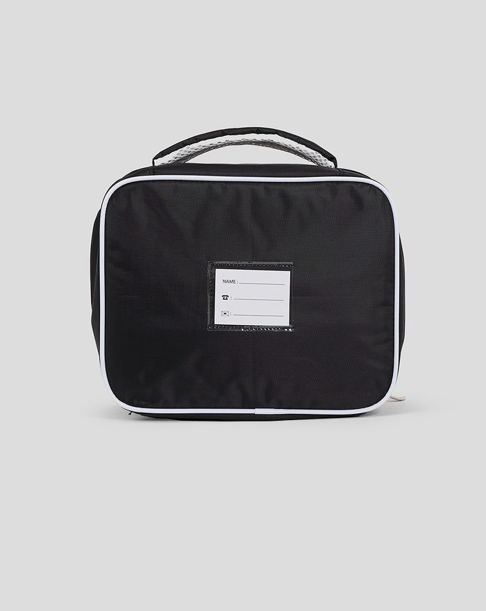 Back view of black Bath Rugby lunch bag with a white name tag patch