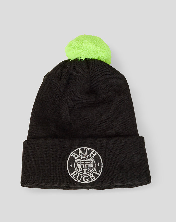 Black Bath Rugby beanie with neon green pom pom on top
