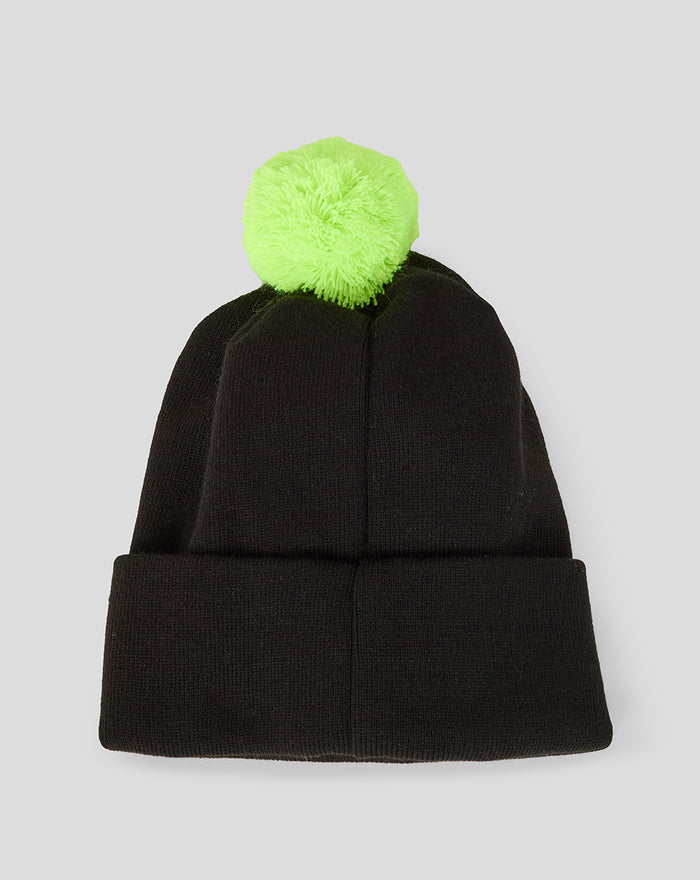 Black Bath Rugby beanie with neon green pom pom and logo on cuff