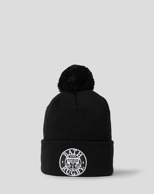 Black knit bobble hat with pom and Bath Rugby crest on folded cuff