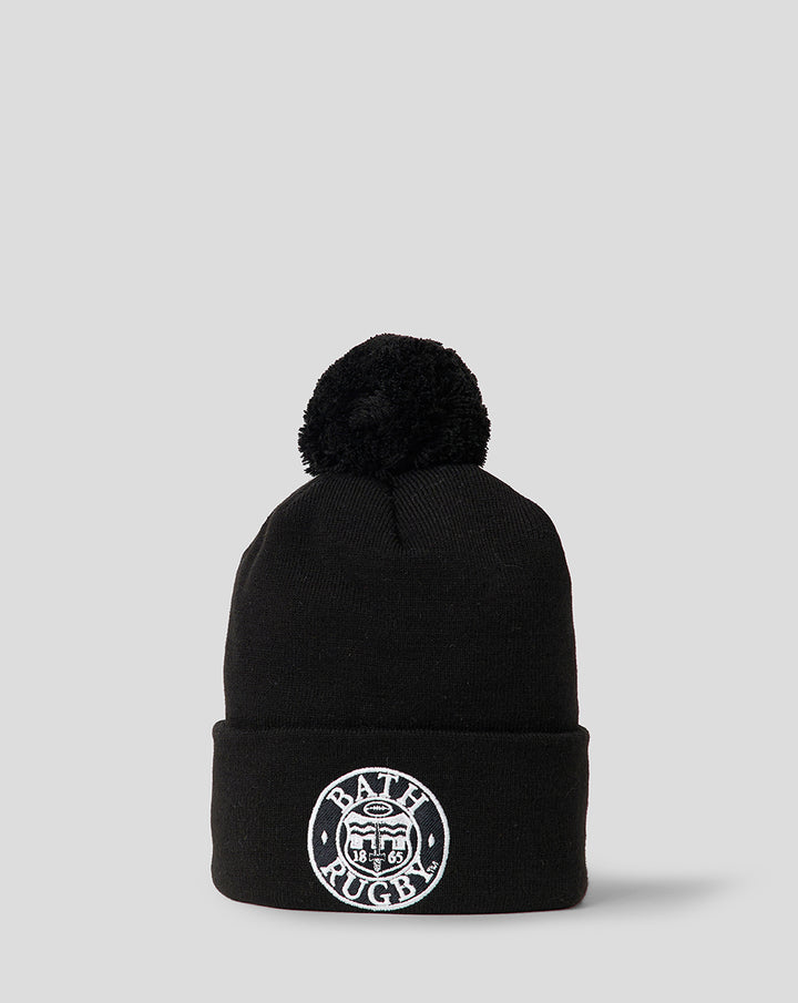 Black knit bobble hat with pom and Bath Rugby crest on folded cuff