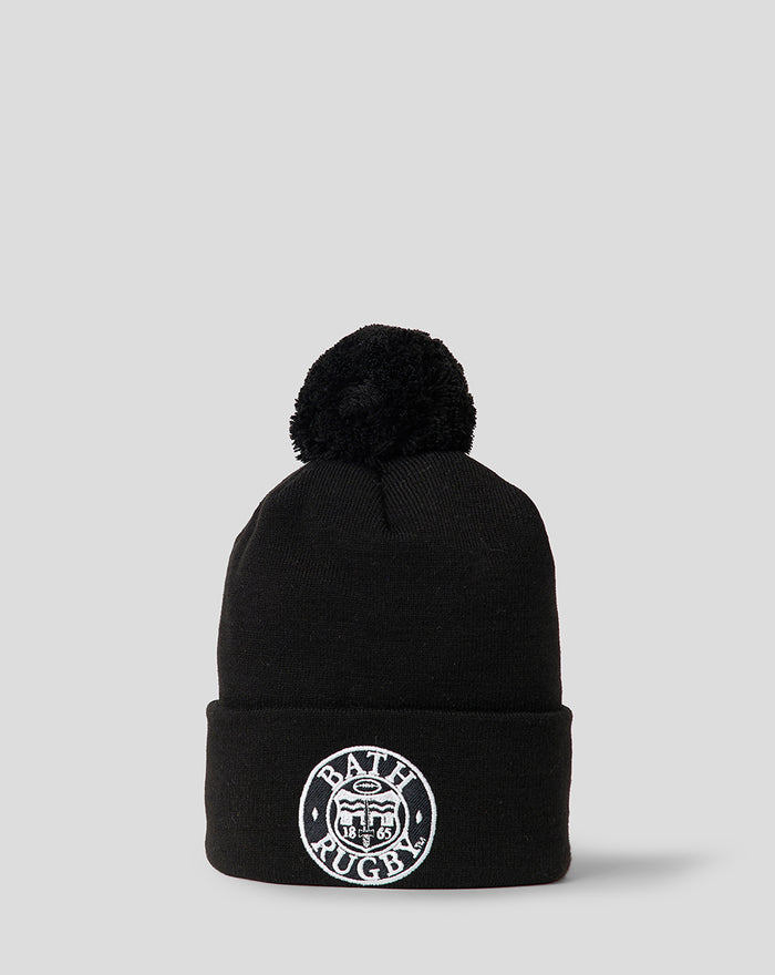 Black knit bobble hat with pom and Bath Rugby crest on folded cuff