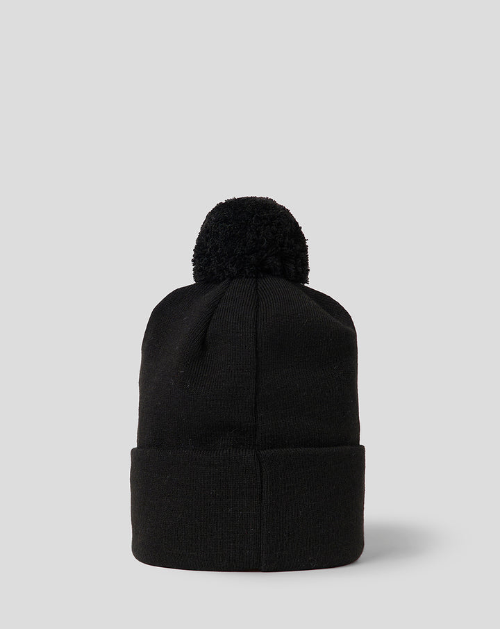 Back view of black Bath Rugby bobble hat with pom and folded cuff