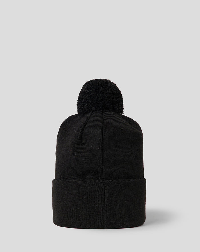 Back view of black Bath Rugby bobble hat with pom and folded cuff