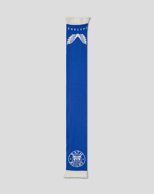 Blue Bath Varsity scarf with white fringe ends and Bath Rugby emblem near bottom