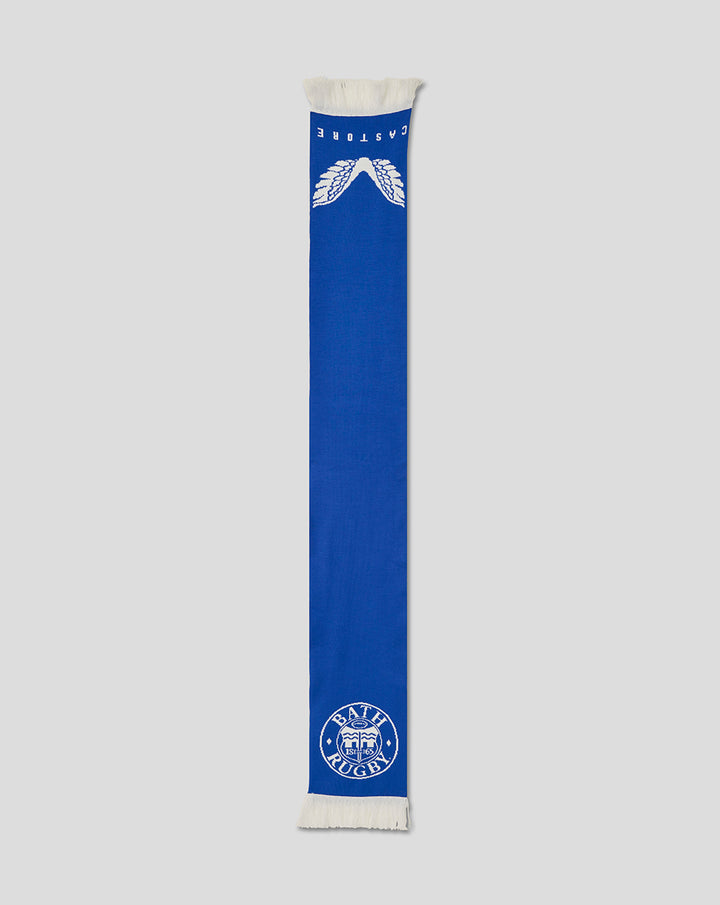 Blue Bath Varsity scarf with white fringe ends and Bath Rugby emblem near bottom