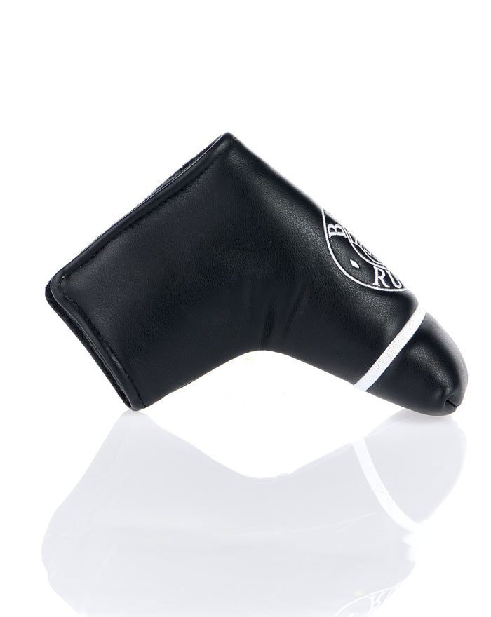 Angled view of Bath Rugby CADDI 2.0 Blade Head Cover highlighting the leather texture and white piping with crest