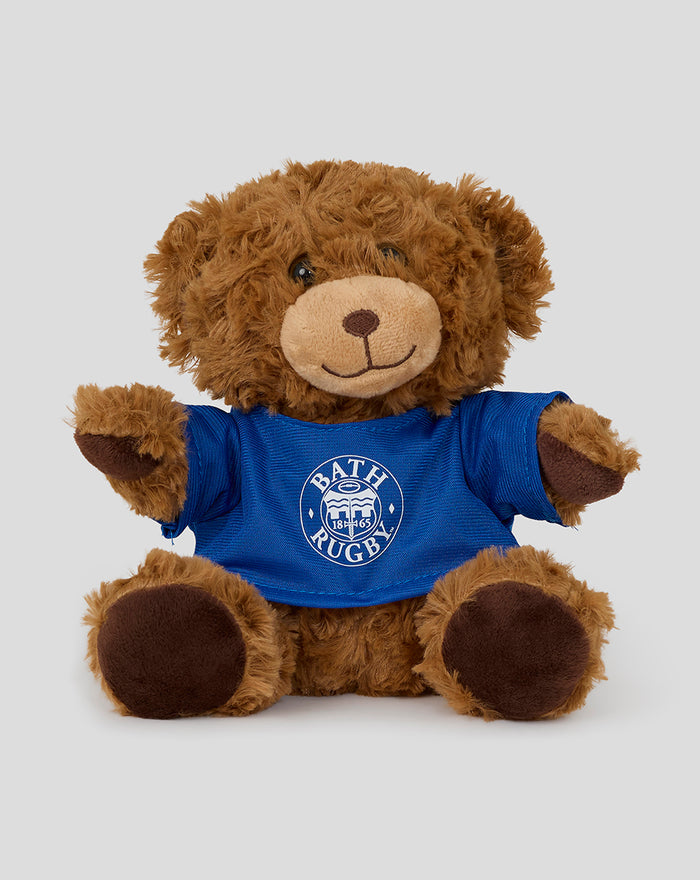 Brown plush bear wearing a blue Bath Rugby T-shirt with a white circular logo.