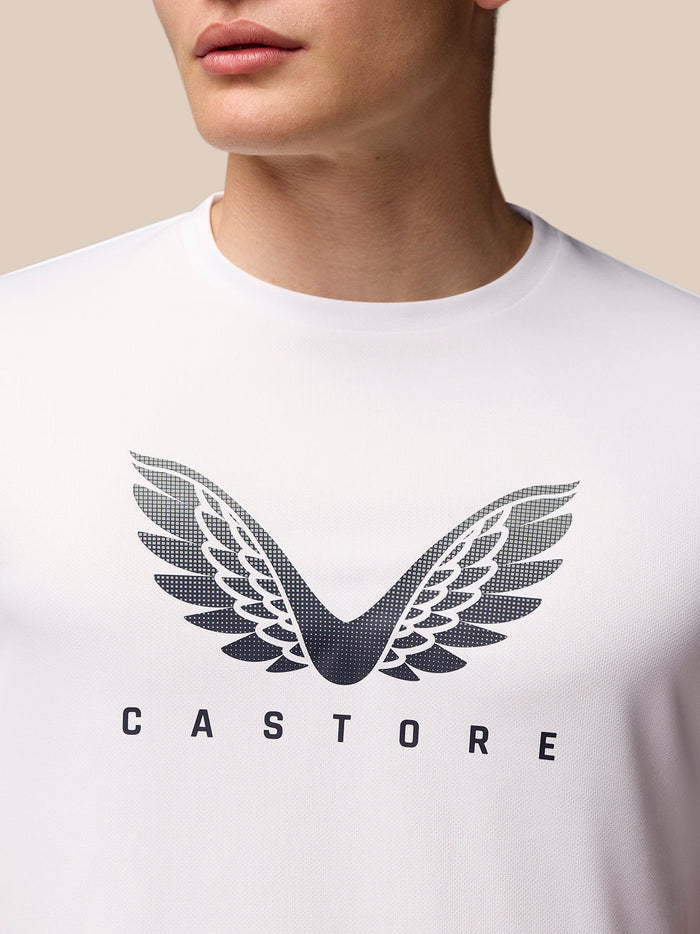 Three-quarter front view of white Adapt Training T-Shirt with Castore wings graphic on the chest.
