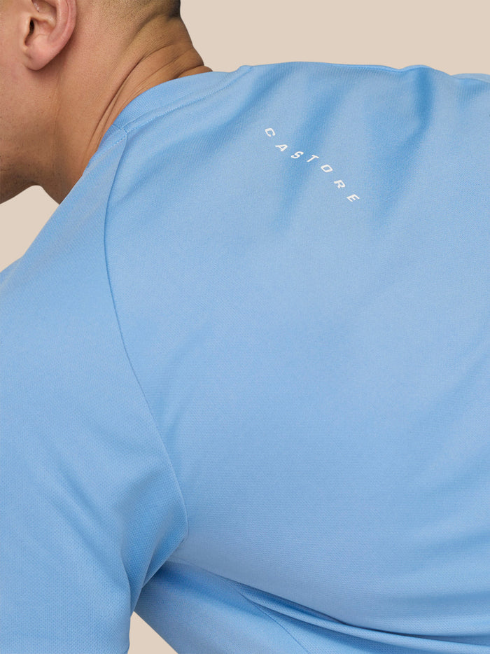 Close up of sky blue Adapt Training T-Shirt with Castore branding on the upper back