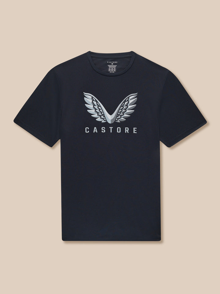 Navy graphic training T shirt with white wing logo on chest