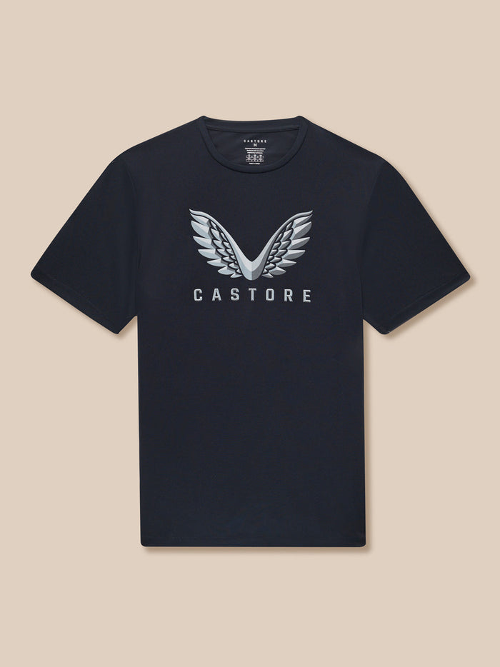 Navy graphic training T shirt with white wing logo on chest