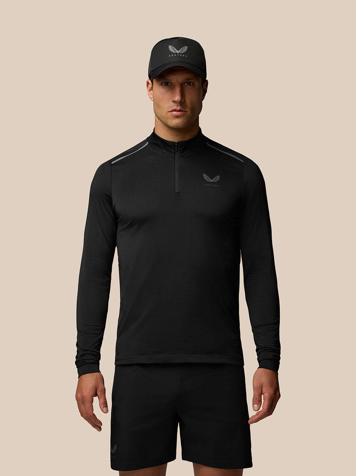 Front view of a man wearing black Apex Training Quarter Zip Top with stand collar and center zip.