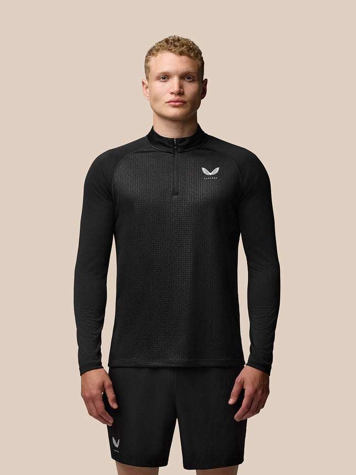 Male model wearing black Adapt Print Quarter Zip Top with geometric pattern and stand collar.