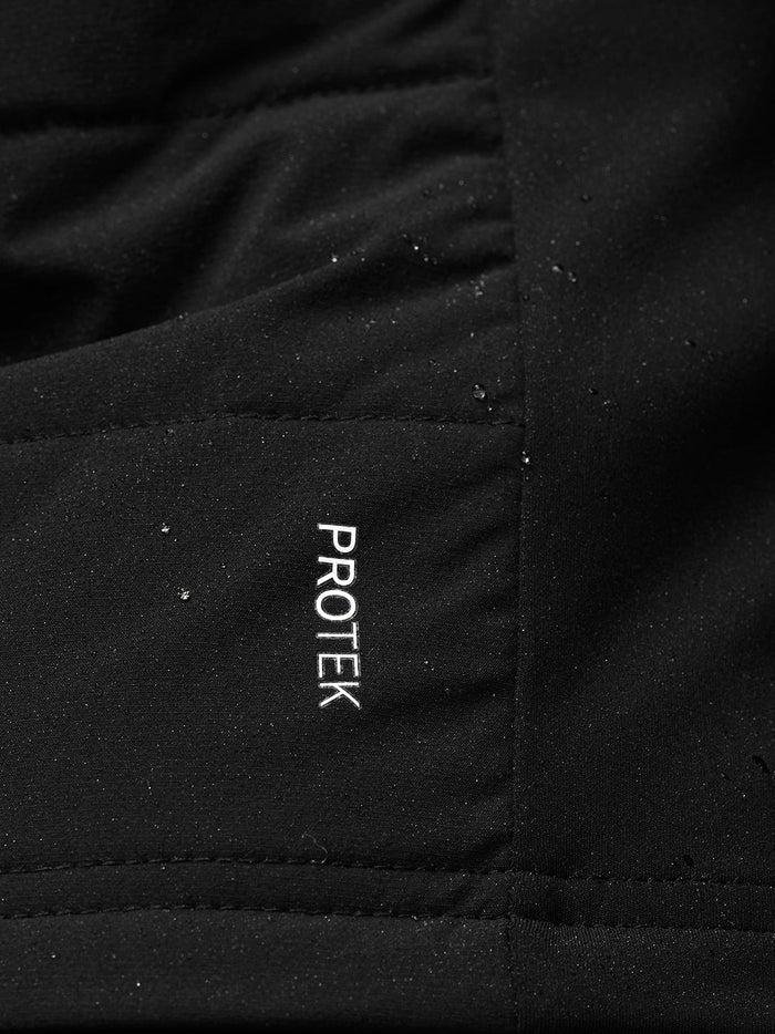 Close-up of black Protek fabric with water droplets and Protek branding