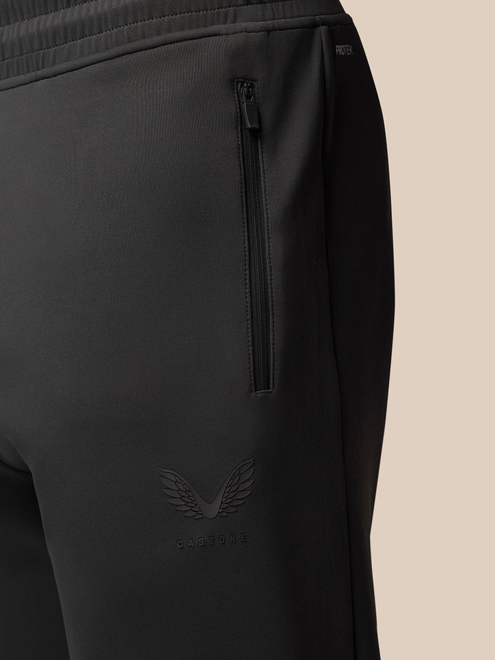 Close-up of side zip pocket on charcoal Flex Lifestyle Joggers with Protek branding.