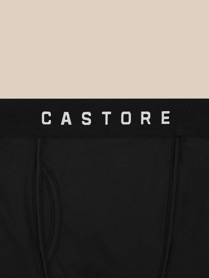 Close up of three black Castore boxer shorts with branded waistbands