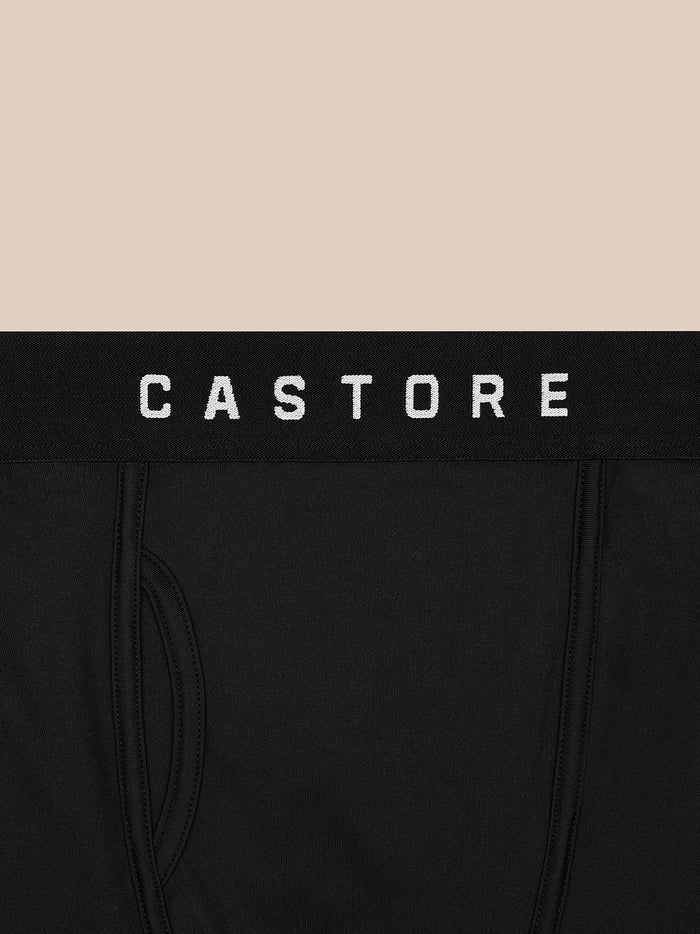 Close up of three black Castore boxer shorts with branded waistbands