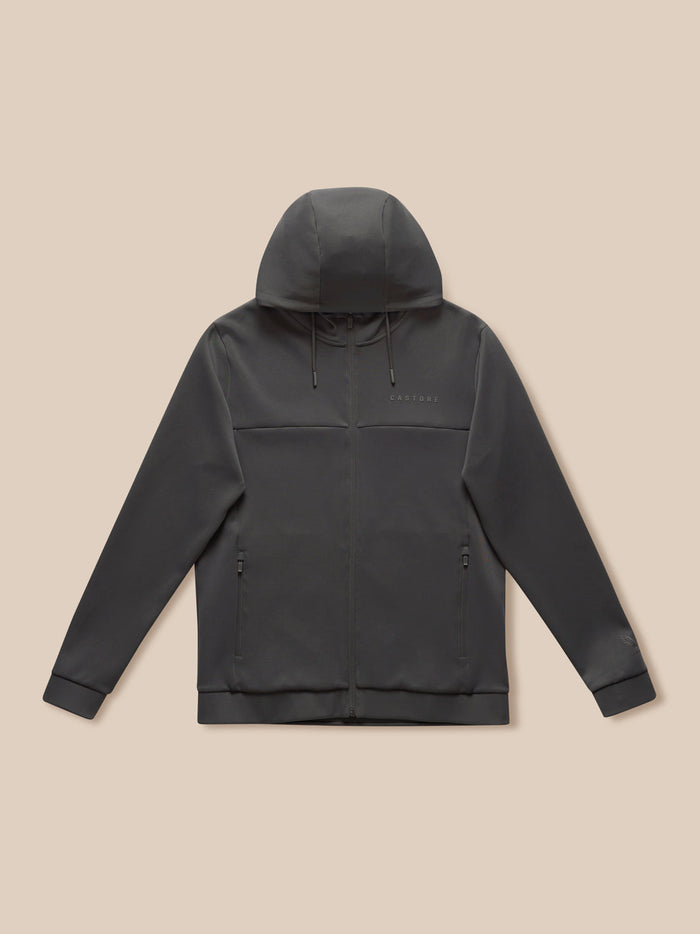Charcoal Flex Lifestyle full zip hooded jacket with side pockets and Castore logo on the chest