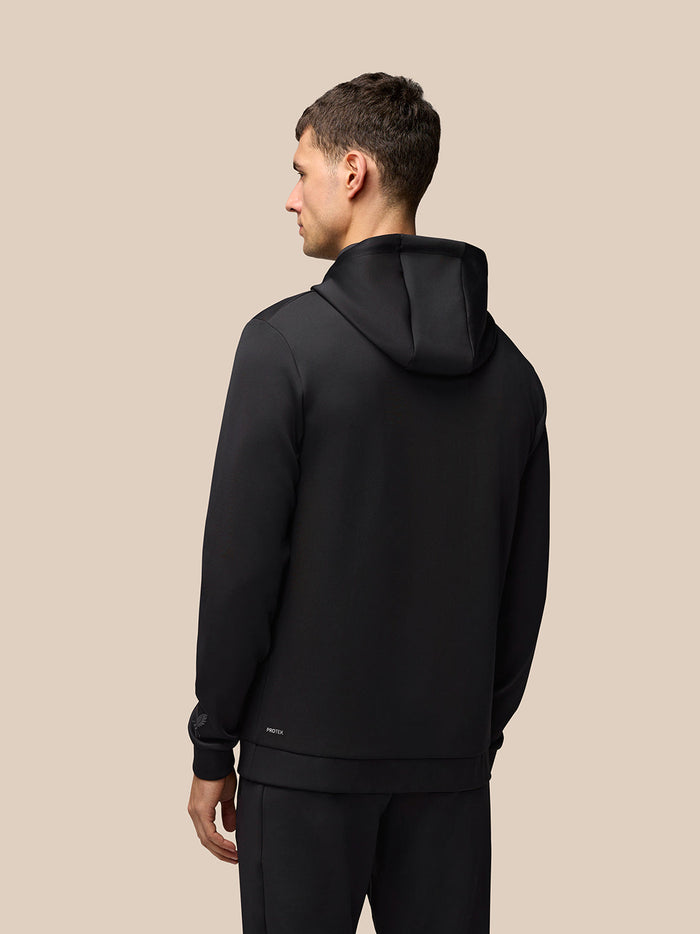 Back view of black Flex Hoodie with hood up and Protek branding at the lower back