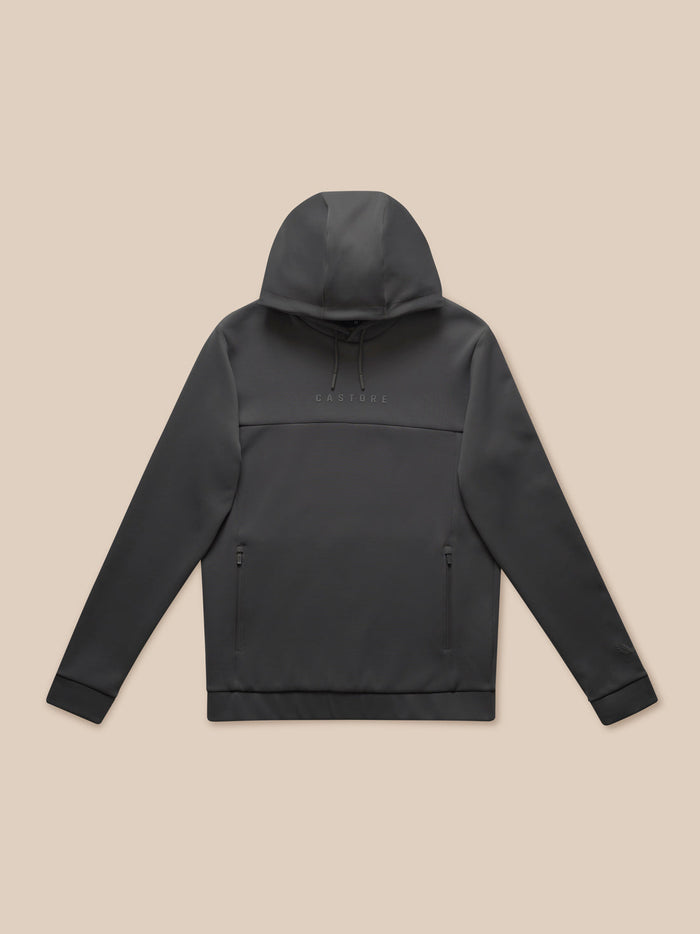 Charcoal Flex Lifestyle Hoodie laid flat with hood and side zip pockets Castore logo on chest.