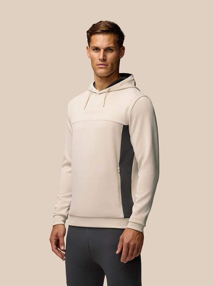 Beige Flex Lifestyle hoodie on a man with drawstring hood and side zip pockets