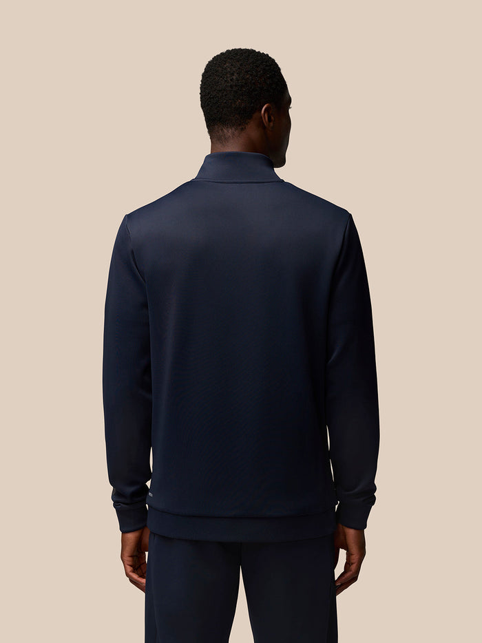 Back view of navy Flex Lifestyle Quarter Zip top on a male model, featuring smooth scuba fabric and a clean hem.