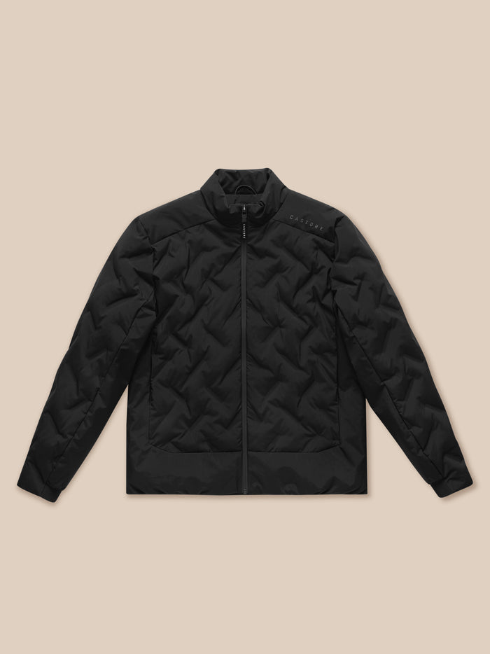 Black padded jacket laid flat with full front zipper and Castore logo on left chest