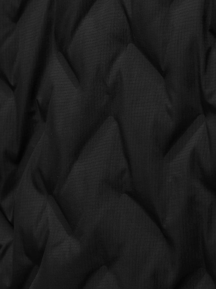 Close-up of black ripstop fabric texture from a padded jacket