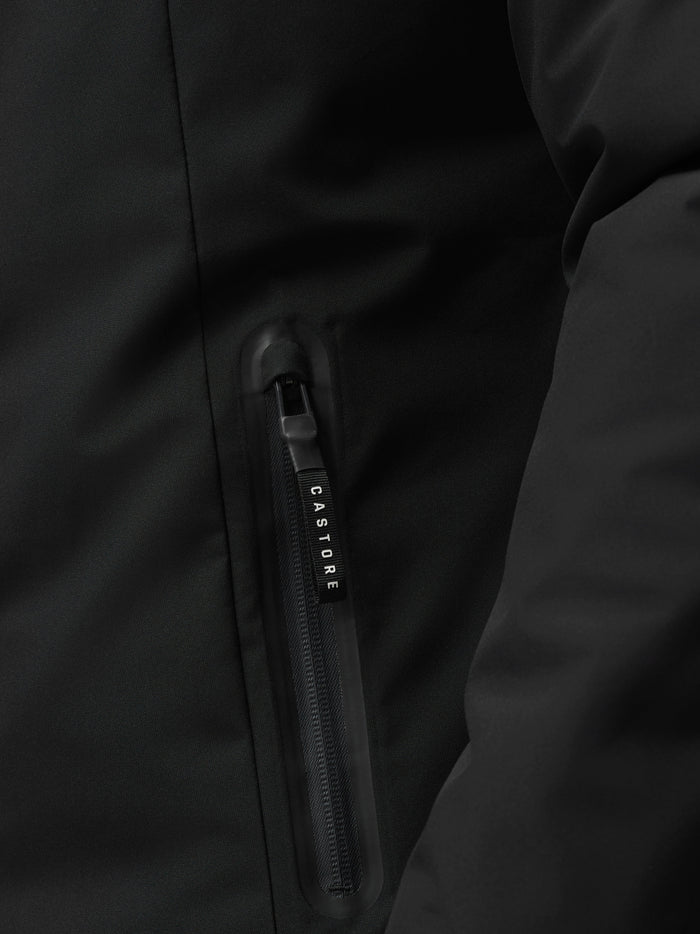 Close up of front zipper and fabric texture on black longline wadded jacket