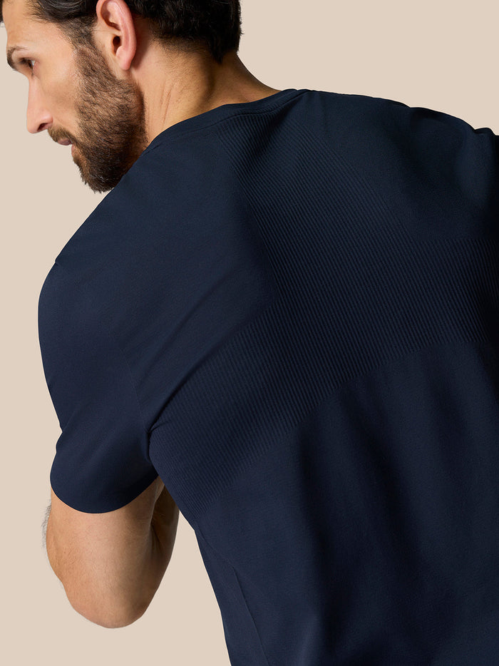 Close up of navy Zone Training T-Shirt back highlighting ribbed shoulder panel and textured fabric