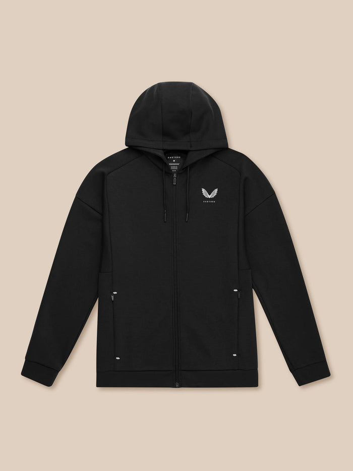 Black travel zip hoodie front view with hood, zip pockets and left chest Castore logo