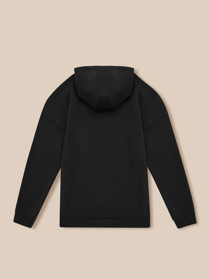 Back view of black Travel Lifestyle Zip Hoodie with hood and clean silhouette