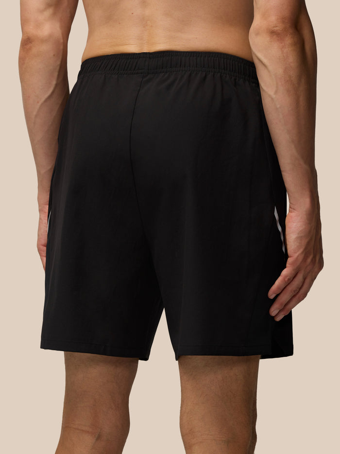 Close up of black Apex 6 inch shorts highlighting a zip pocket and Castore logo on the leg